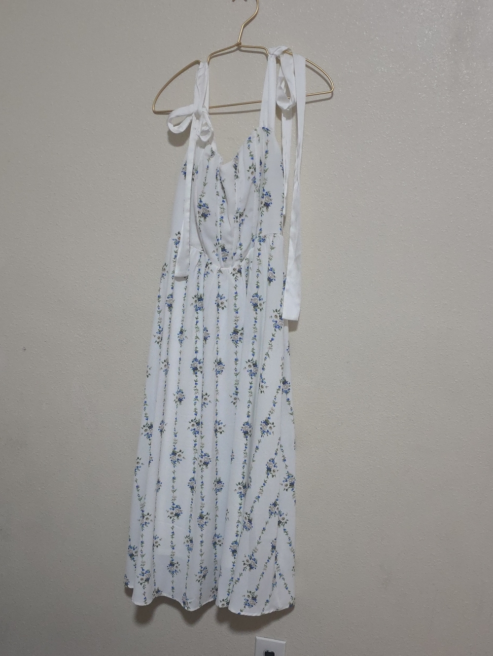 White Maxi Sundress with Blue Floral Print and Tie Straps